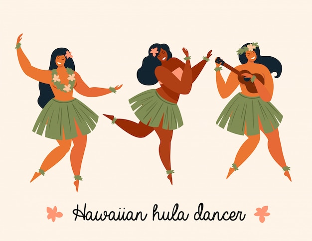 Hawaii dance Girls playing ukulele and dancing Hula