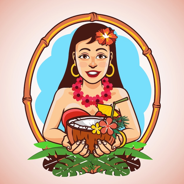 Hawaii Hula Girl Holding Coconut Cocktail