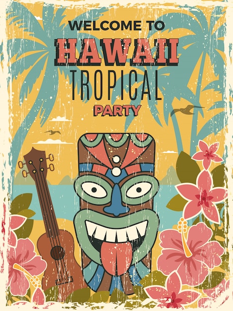 Hawaii poster. Summer dance party invitation tiki african tribal masks  illustrations