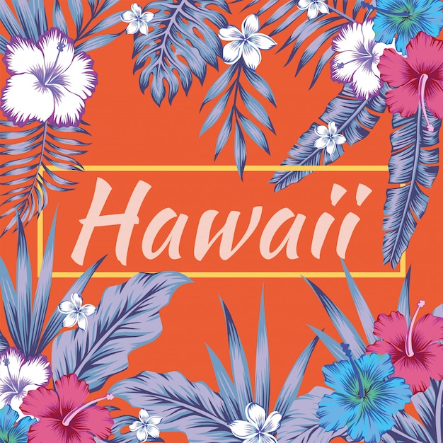 Vector hawaii slogan tropical leaves hibiscus orange background