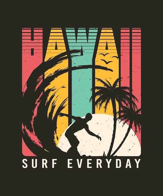 Hawaii Tropical Palm View Surfing Retro Vintage Illustration