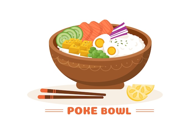 Hawaiian Dish Poke Bowl Food Template Hand Drawn Cartoon Flat Illustration