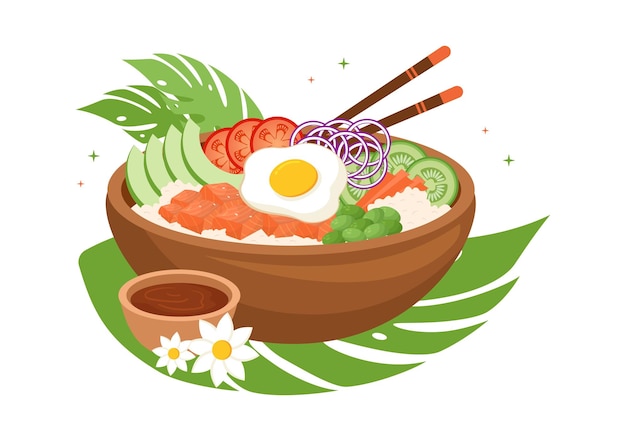 Hawaiian Dish Poke Bowl Food Template Hand Drawn Cartoon Flat Illustration