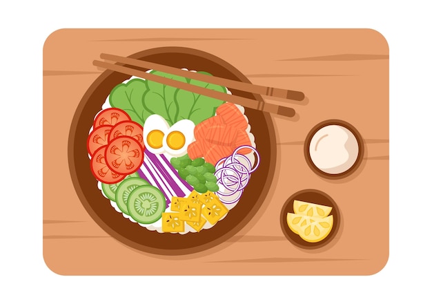 Hawaiian Dish Poke Bowl Food Template Hand Drawn Cartoon Flat Illustration