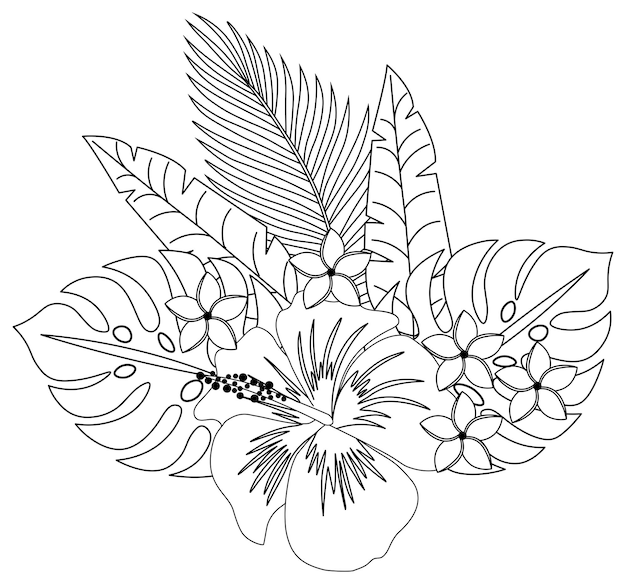 Hawaiian flowers and tropical plants drawing