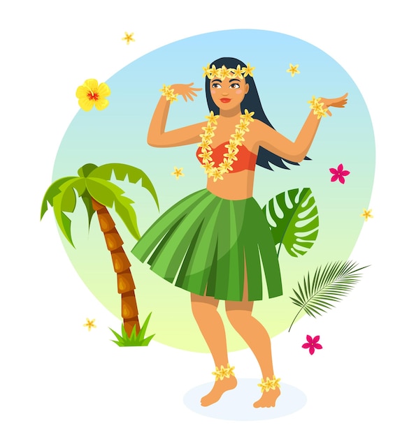 Hawaiian girl in traditional dress made of leaves, dancing among palm trees and tropical plants.