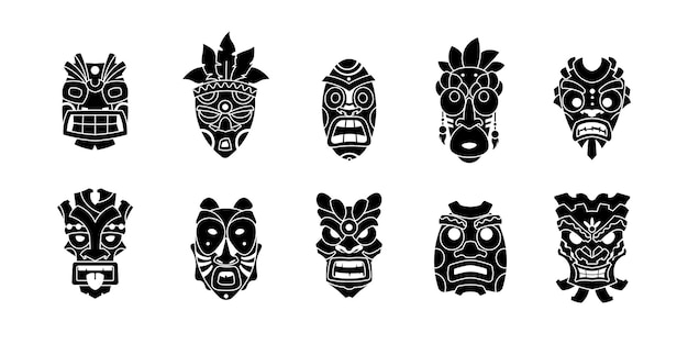 Hawaiian head mask Tiki totem collection Tribal ritual sculpture silhouette Monochrome god face Ethnic religious icons Isolated aboriginal idols Indigenous tattoo Vector exotic set