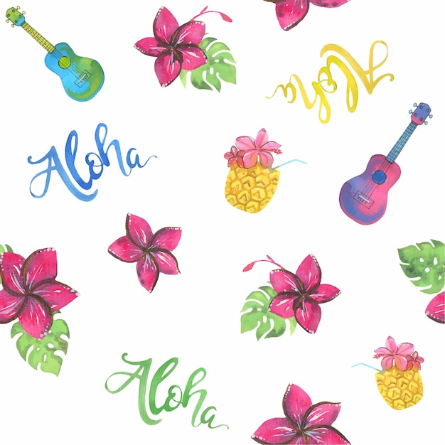 Hawaiian seamless pattern Watercolor print Plumeria flowers aloha and ukelee