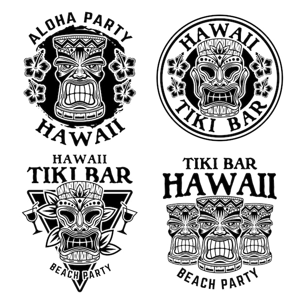 Hawaiian tiki wooden head set of four vector monochrome emblems badges labels stickers or logos in vintage style isolated on white background