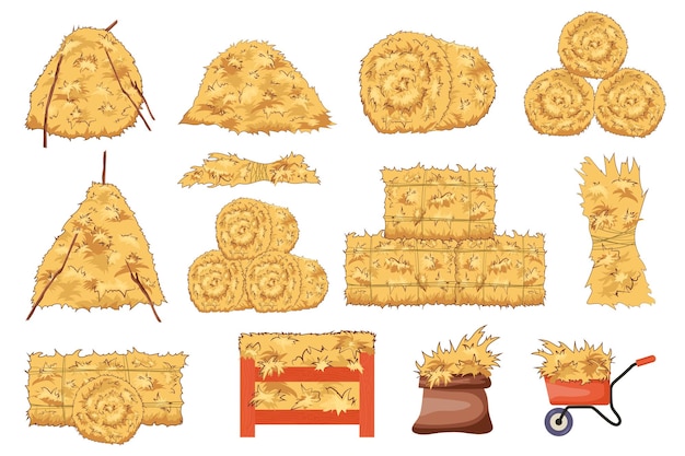 Hay bales set graphic elements in flat design Bundle of bales of wheat straw of different shapes roll piles dried haystacks store in bag wheelbarrow or crate Vector illustration isolated objects