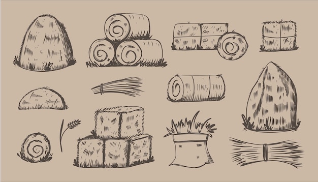 Hay bales sketch style Hand drawn piles heaps and stacks straw in rolls and squares dry grass farm fodder Village and countryside elements Haystack vector isolated illustration