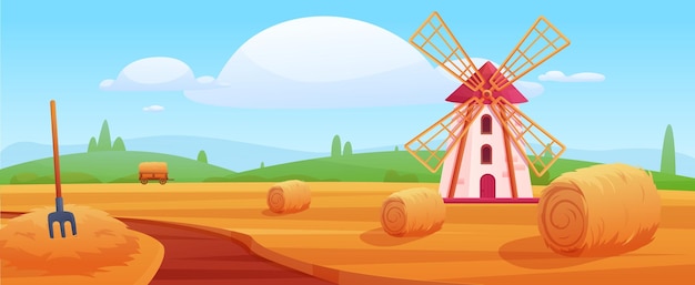 Vector hay rural landscape countryside agriculture field with windmill and hays harvest time in village farmland and road nowaday vector scene