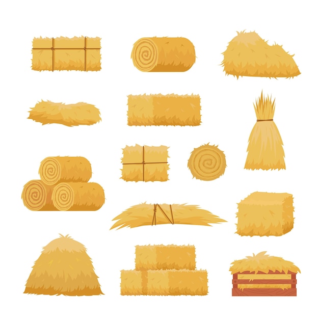 Haystack rural yellow natural haystack pallets and rolls Vector cartoon pictures set