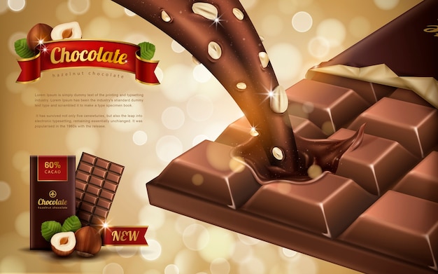 hazelnut flavor chocolate ad, bokeh background