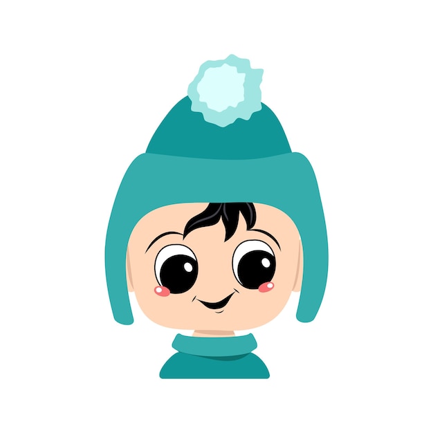 Head of adorable baby with happy emotions. Avatar of a child with big eyes and a wide smile in a blue hat with a pompom. A cute kid with a joyful face in an autumnal or winter headdress