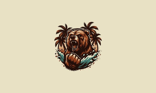 Vector head bear angry with palm on beach vector logo design