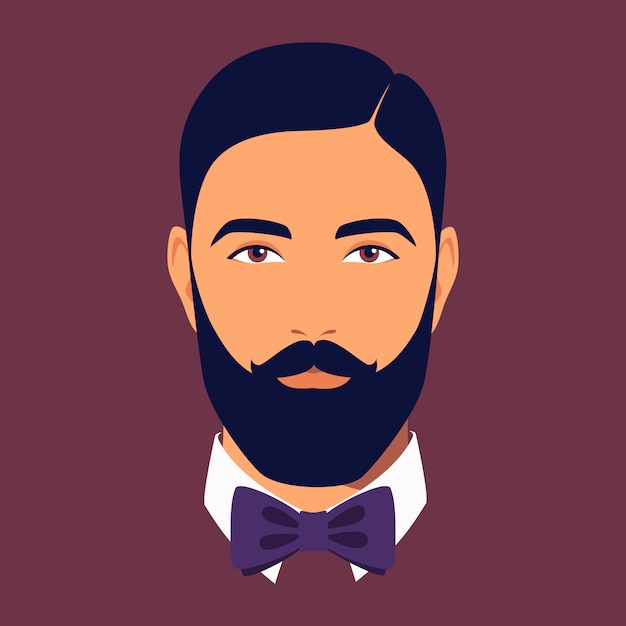 Head of bearded man with bow tie. Portrait of bearded brunet man. Avatar of stylish dendy for social networks. Abstract male portrait, full face. illustration in flat style