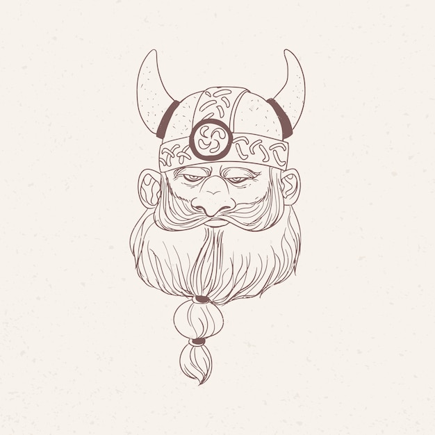 Head of bearded viking or Nordic warrior wearing horned helmet hand drawn with outlines on light background.