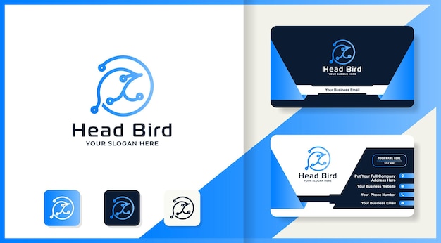 Head bird circuit tech logo and business card design