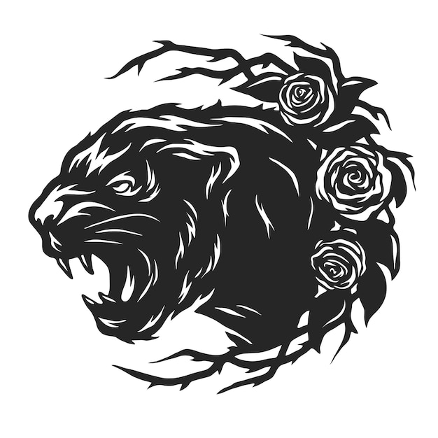 The head of a black panther and roses Vector illustration