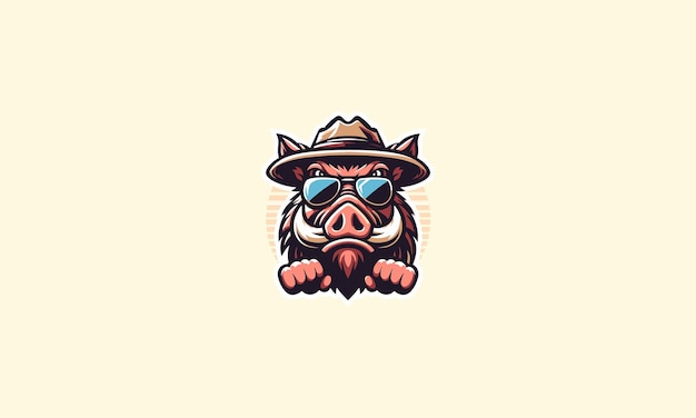 head boar wearing hat and sun glass vector mascot design