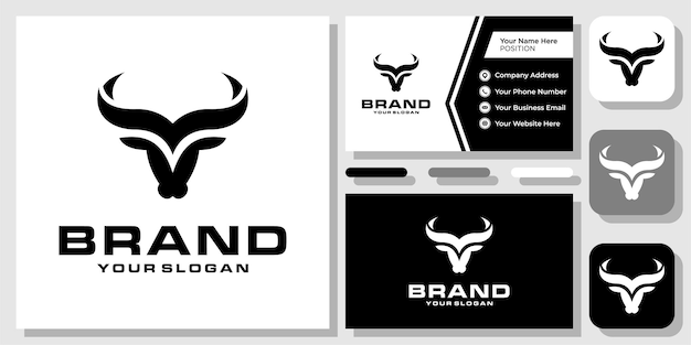 Head Bull Abstract Buffalo Horn Cow Strong Cattle Taurus Logo Design with Business Card Template