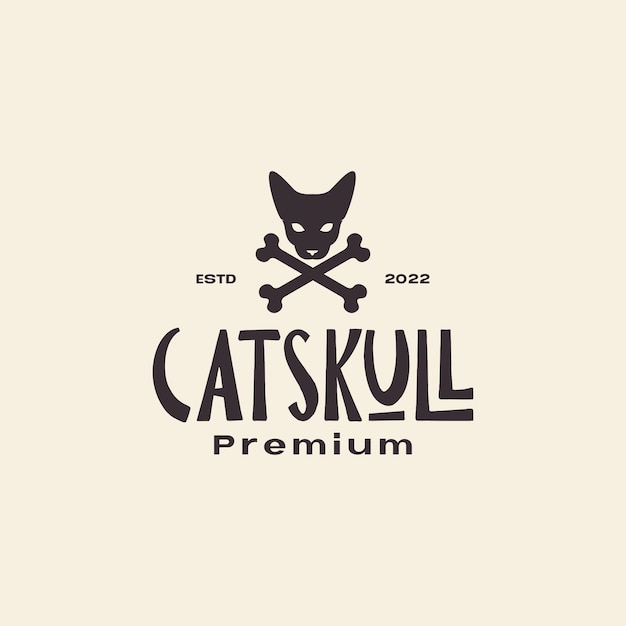 Head cat with cross bones vintage logo design vector graphic symbol icon illustration creative idea