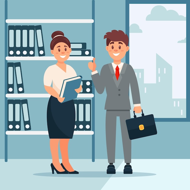 Head of company and secretary woman business characters working in office modern office interior vector Illustration cartoon style