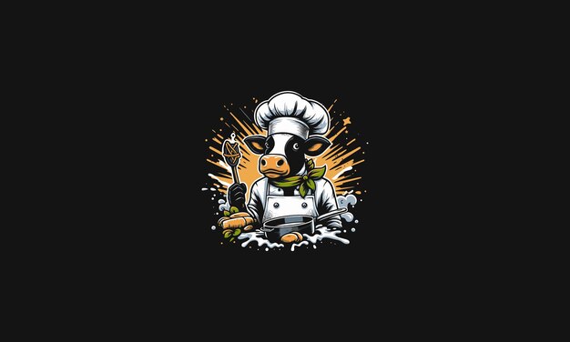 head cow wearing hat cooking with background lightning vector artwork design