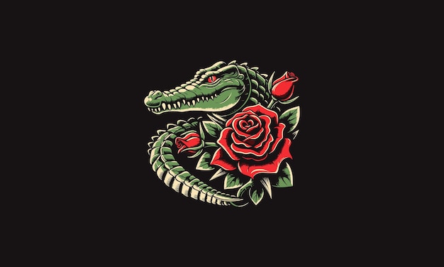 head crocodile and rose flowers vector artwork design