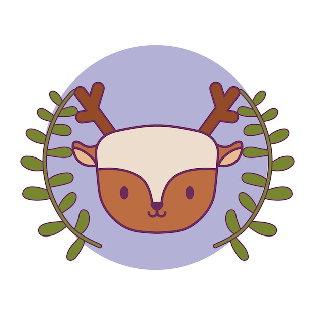 Head of cute reindeer in frame circular with crown of leafs