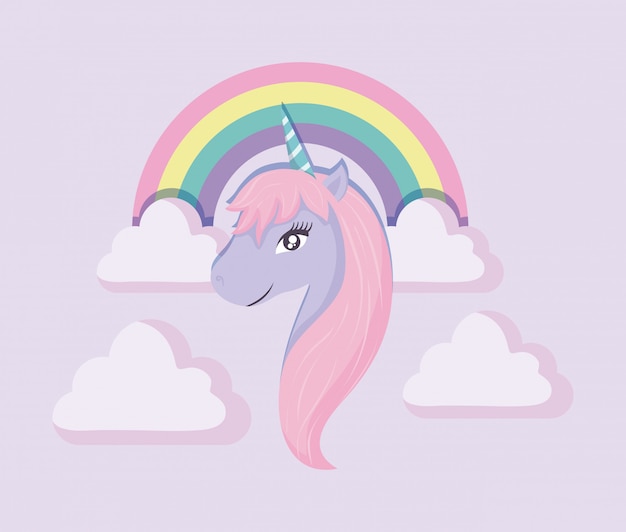 Head cute unicorn of fairy tale with rainbow and clouds