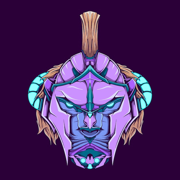 Head face cyborg lion with spartan helmet and cyberpunk color style vector drawing illustration