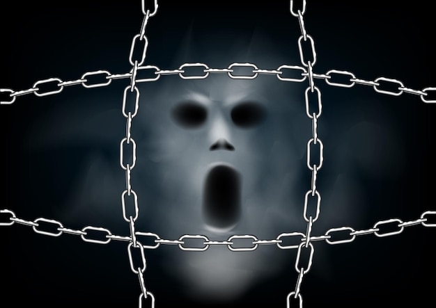 The head of the ghost behind a grid of chains a realistic illustration vector