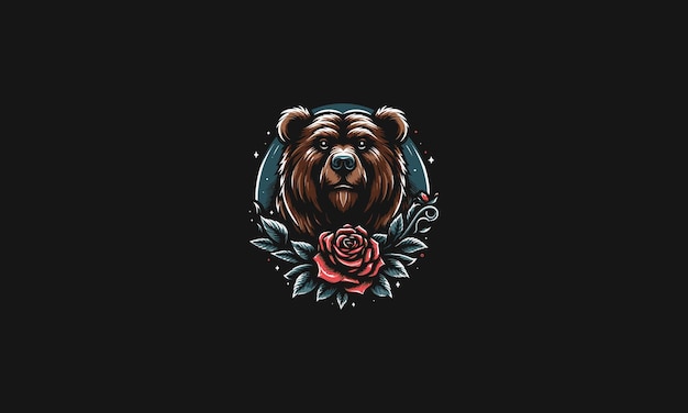 head grizzly angry with red rose vector artwork design