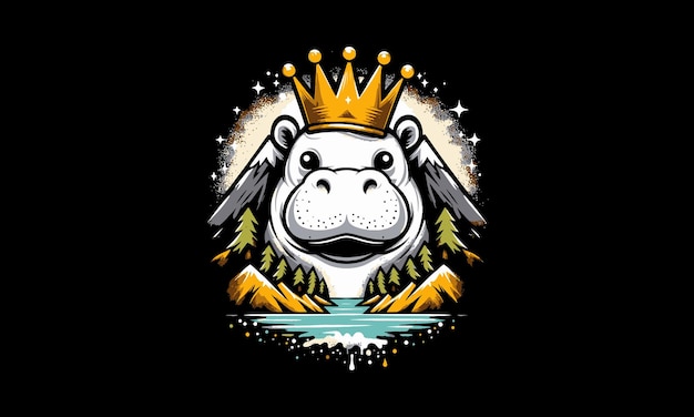 head hippo wearing crown on mountain vector artwork design