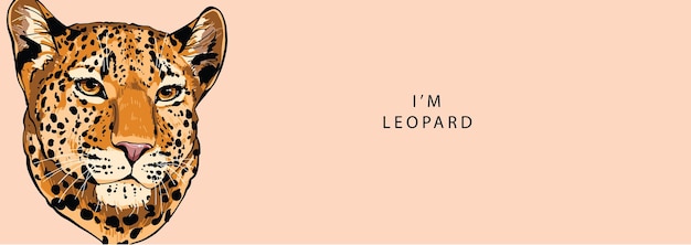 The head of a leopard looks seriously to the side on a beige background with the text inscription