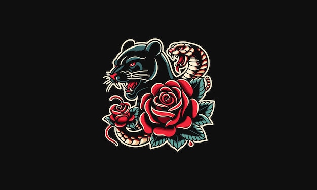 head panther and snake and rose vector tattoo design