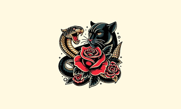 head panther and snake and rose vector tattoo design