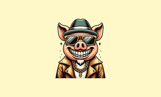 head pig smile wearing hat and sun glass vector flat design