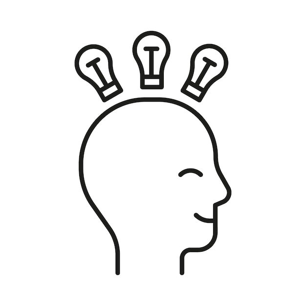 Head profile with think idea mind line icon Face with lightbulb smart idea lamp symbol Control of mind positive thinking and inspiration psychology Vector