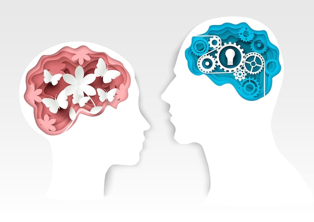 Head silhouettes with gears and flowers vector paper cut illustration