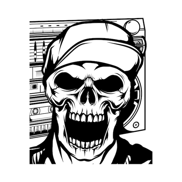 head skeleton wearing cap hand drawing illustration