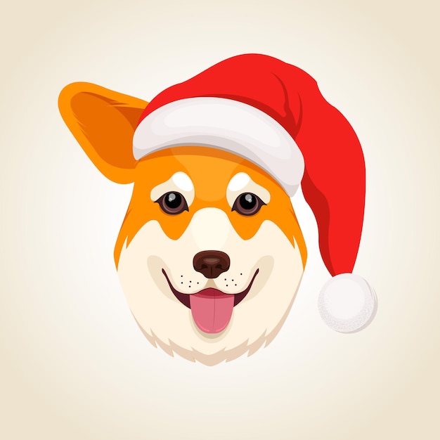 Head of smiling pembroke welsh corgi dog in a red Santa Claus hat