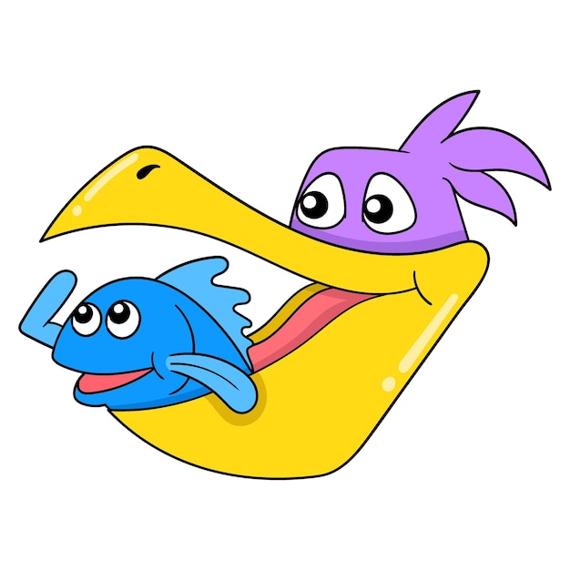 The head of the stork is smiling carrying fish in its mouth doodle icon image kawaii