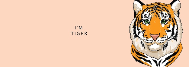 Vector the head of a tiger looks seriously to the side on a beige background with the text inscription