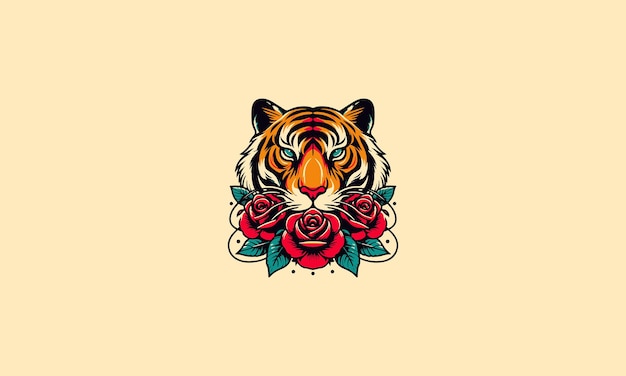 head tiger with three red rose vector mascot design