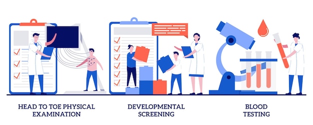 Vector head to toe physical examination, developmental screening, blood testing concept with tiny people. pediatric check up abstract vector illustration set. children health issue diagnostics metaphor.