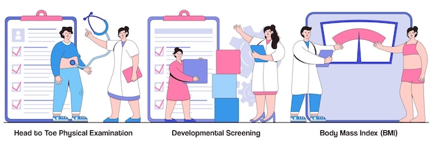 Head to toe physical examination developmental screening body mass index concept with people character Health check up vector illustration set Health issue diagnostics weight loss program