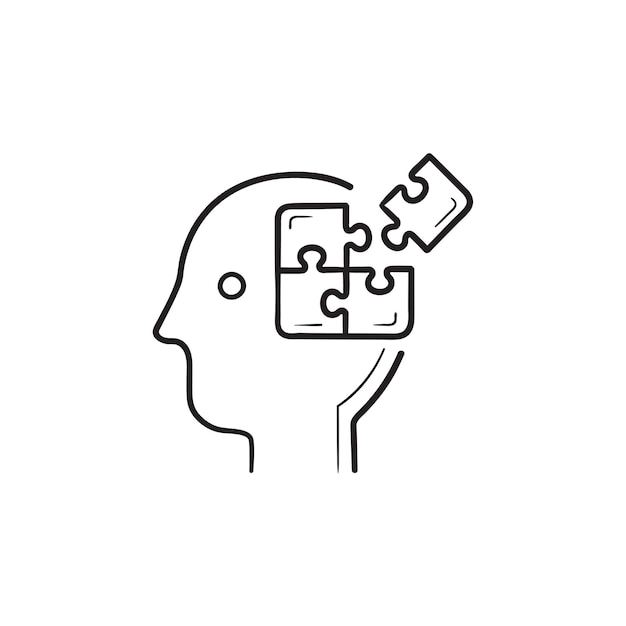 Head with brain puzzle hand drawn outline doodle icon. Brainstorming, completing idea, decision making concept